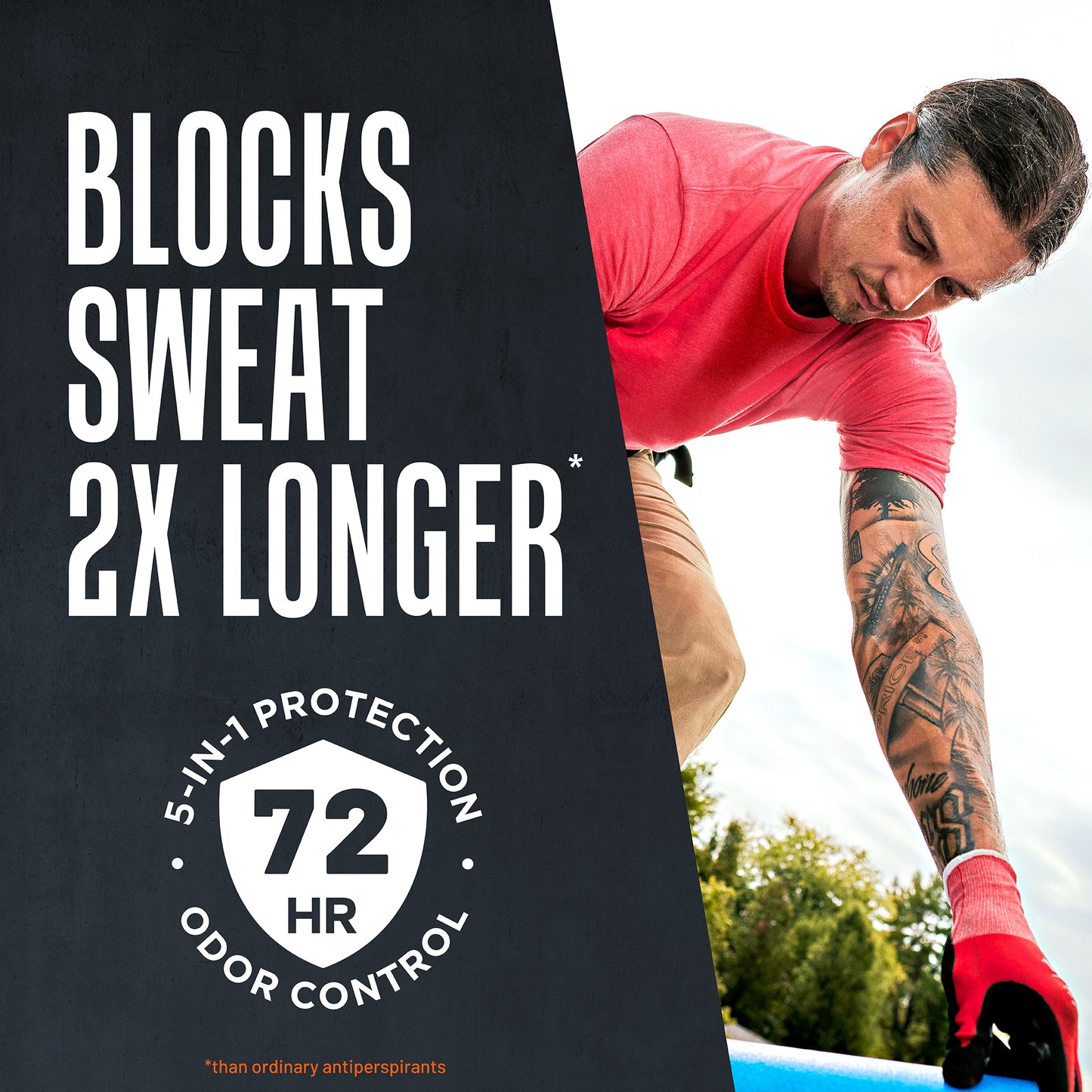 Blocks sweat 2x longer 5-in-1 protection 72 hour odor control