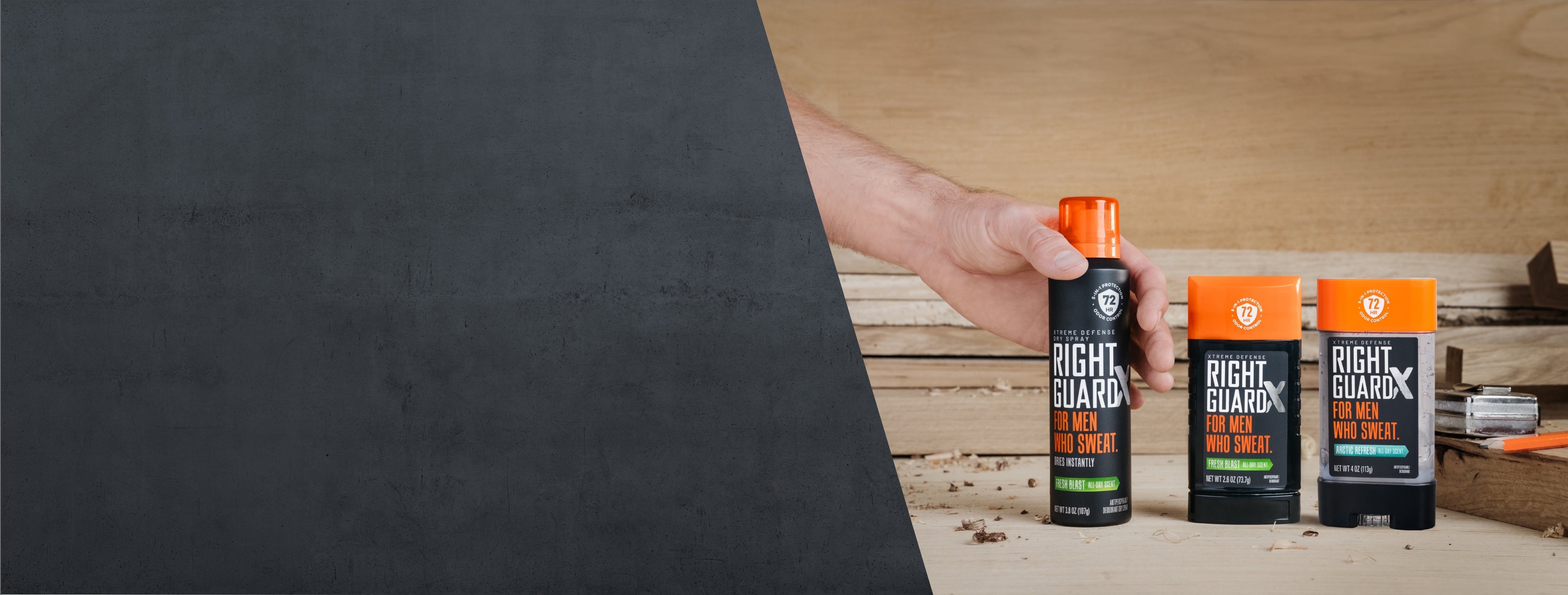 A hand reaching for Right Guard Xtreme Defense dry spray, next to Xtreme Defense invisible solid and Xtreme Defense gel.