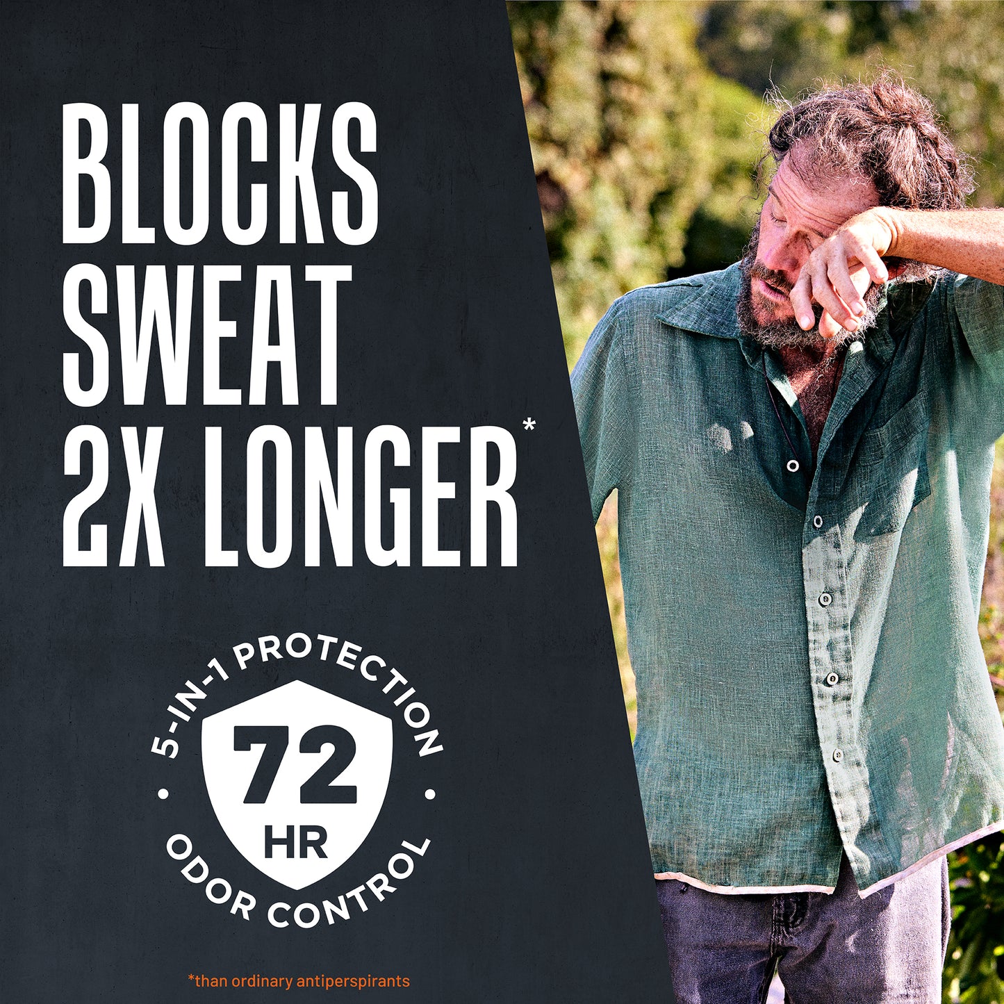 Blocks sweat 2x longer 5-in-1 protection 72 hour odor control