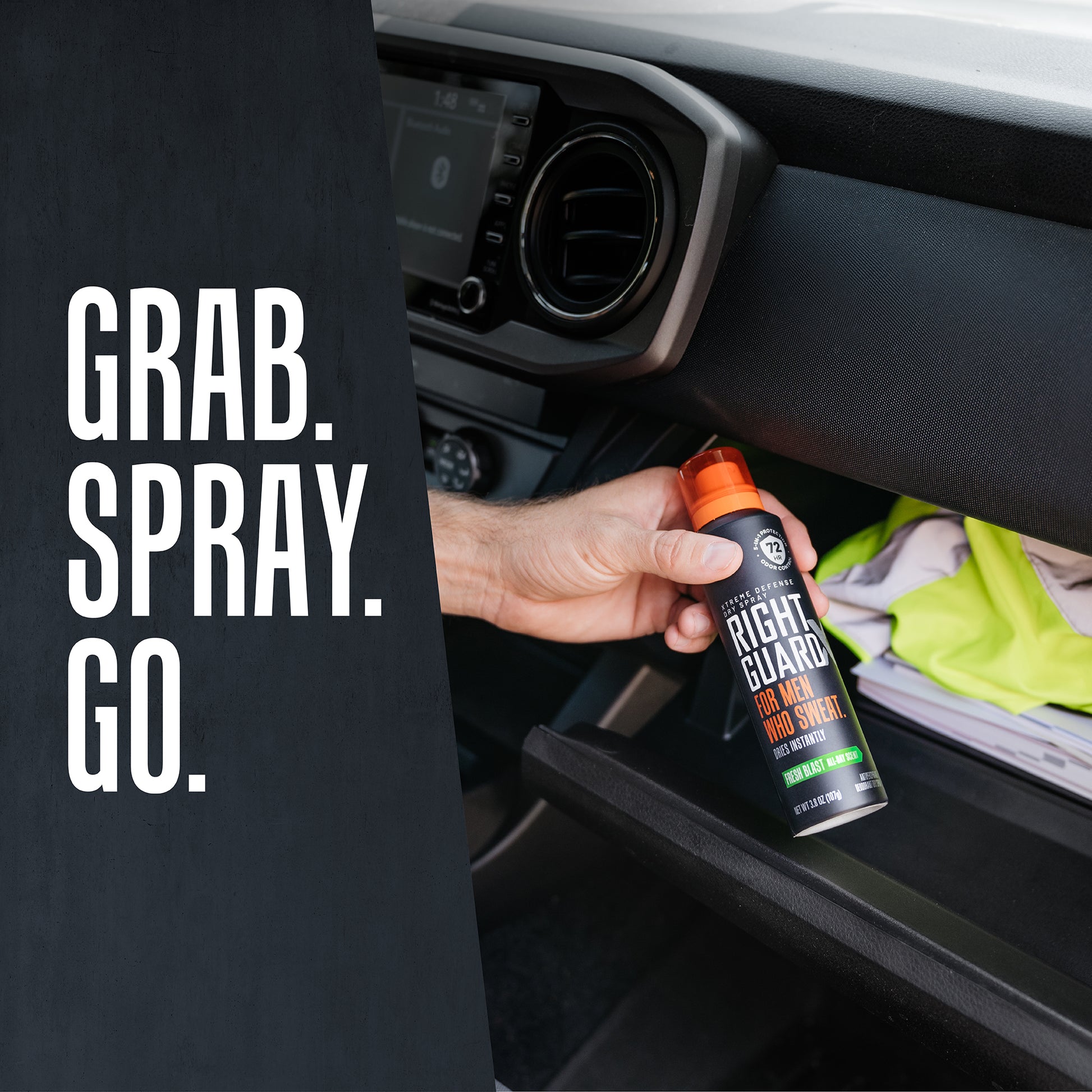 Grab. Spray. Go. antiperspirant and deodorant in glove compartment of car